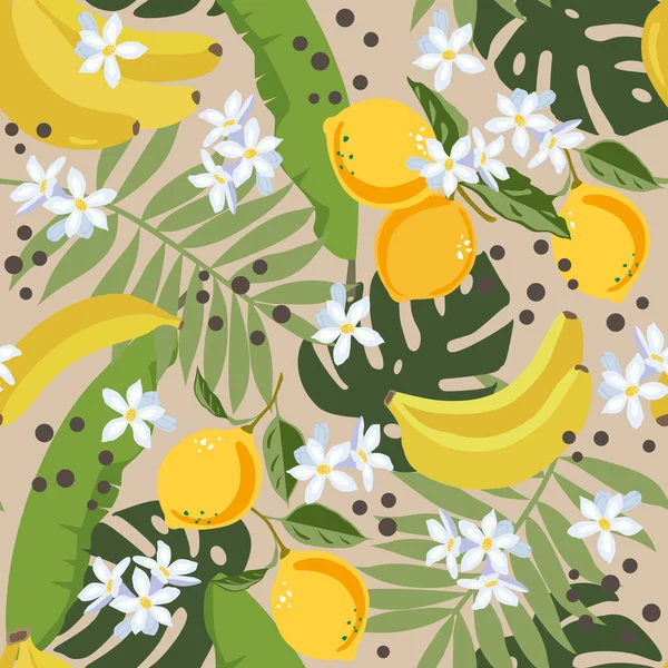 Lemons, bananas, palm leaves, exotic flowers. Tropical fruits, leaves, beige background. Simple background, vector design. For covers, fabrics, wrapping paper, notebooks, spider webs, backdrops, etc.
