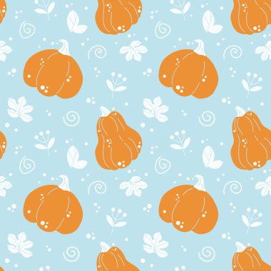 Cadılar Bayramı kusursuz. Balkabağı, yapraklar, böğürtlen, karalamalar, sonbahar. Vektör el çizimi illüstrasyon. Pastel renkler. Duvar kağıdı, kumaş, ekose, havlu, örtü, ambalaj kağıdı, giysi, çanta vs.