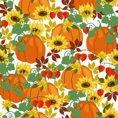 Sonbahar tasarımı kusursuz desen. Balkabakları, sonbahar yaprakları, bitki salatası ve beyaz arka planda sarı ayçiçekleri. Vektör illüstrasyonu her boyuta göre ölçeklenebilir. Kumaş, kapak, duvar kağıdı, ambalaj için