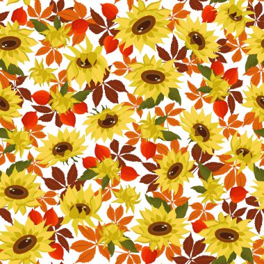 Sonbahar yaprakları, bitki salatası ve beyaz arka planda sarı ayçiçekleri. Sonbahar tasarımı kusursuz desen. Vektör illüstrasyonu her boyuta göre ölçeklenebilir. Kumaş, kapak, duvar kağıdı, ambalaj, arkaplan