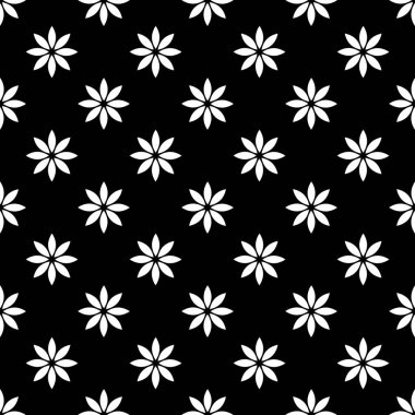 Çiçeksel geometrik desen, beyaz çiçeklerin kesiştiği yerde, siyah arka planda basit bir şekil. Arkaplan gölgeleme, lazer oyma ve kesim için vektör çizimi, seramik fayanslar, kumaşlar