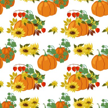  Balkabakları, sonbahar yaprakları, bitki salatası ve beyaz arka planda sarı ayçiçekleri. Sonbahar tasarımı kusursuz desen. Vektör illüstrasyonu her boyuta göre ölçeklenebilir. Kumaş, kapak, duvar kağıdı, ambalaj için