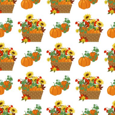  Balkabaklı sepet, sonbahar yaprakları, bitki salatası ve beyaz arka planda sarı ayçiçekleri. Sonbahar tasarımı kusursuz desen. Vektör illüstrasyonu her boyuta göre ölçeklenebilir. Kumaş, kapak, duvar kağıdı için.