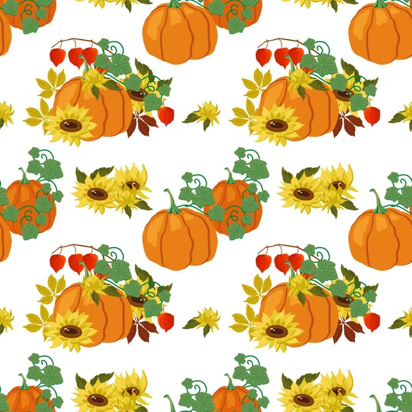  Balkabakları, sonbahar yaprakları, bitki salatası ve beyaz arka planda sarı ayçiçekleri. Sonbahar tasarımı kusursuz desen. Vektör illüstrasyonu her boyuta göre ölçeklenebilir. Kumaş, kapak, duvar kağıdı, ambalaj için