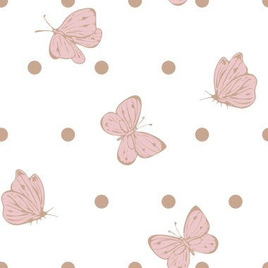 Puantiyeli karo ve kelebekler basit, pürüzsüz desen. Vektör arkaplanı. Beyaz arka planda bej noktalar ve pembe kelebekler. Kumaş, kağıt, kapak, giysi, duvar kağıdı, not defteri, ambalaj için