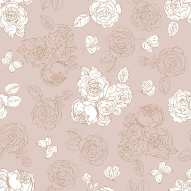 Gül ve kelebeklerin eski püskü hatları, kusursuz model vektör arkaplanı. Ev tekstil, giysi, ambalaj, ev dekorasyonu, duvar kağıdı ve tanıtım malzemeleri için