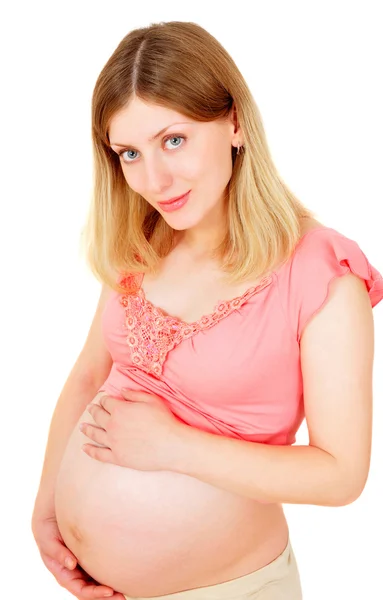 Porträt einer schönen schwangeren Frau, die zärtlich ihre Glocke hält Stockbild