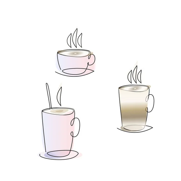 Un conjunto de tazas de café líneas dibujadas y acuarela — Archivo Imágenes Vectoriales