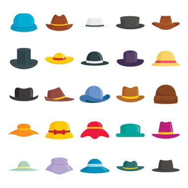 Erkek ve kadın şapkaları düz set. Beyaz arka planda izole edilmiş çizgi film şapkası ve şapka başlığı. Beyefendiler ve kadınlar için modern ve klasik başlıklar.