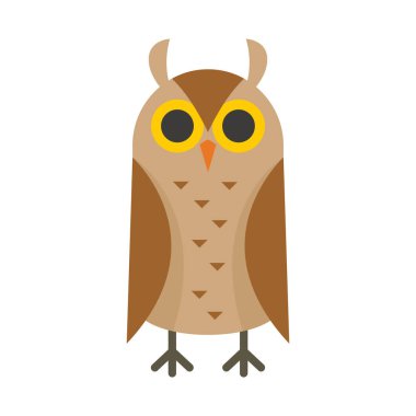 Bilge baykuş düz simgesi. Düz biçimli vektör bilge baykuşu beyaz arkaplanda izole edildi. Web, oyun ve reklam elementleri