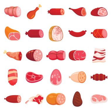 Et ve et ürünlerinin türleri. Kasap dükkanının çeşitli ürünleri. Etin vektör düz çizimleri. Kasap yemeği, sosis, jambon ve sığır filetosu