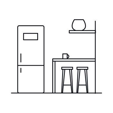 Buzdolabı, masa, sandalyeler. Buzdolabı, masa ve sandalyeli vektör iç tasarımı beyaz arka planda izole edilmiş. Web, oyun ve reklam elementleri