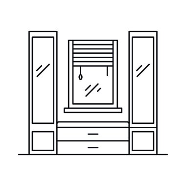 Panjurlarla, dolaplarla, aynalarla, raflarla. Panjurları, kabini, aynası olan vektör iç döşeme, beyaz arka planda izole edilmiş ana hatlı raf. Web, oyun ve reklam elementleri