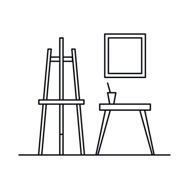 Askısı, masası, penceresi var. Askısı, masası, penceresi beyaz arkaplanda izole edilmiş taslak biçiminde vektör iç tasarımı. Web, oyun ve reklam elementleri