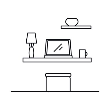 İçi raf, dizüstü bilgisayar, lamba, kap, sandalye ile dolu. Rafı, dizüstü bilgisayarı, lambası, kabı, kabı, beyaz arka planda izole edilmiş ana hatlı koltuğu olan vektör iç mekanı. Web, oyun ve reklam elementleri