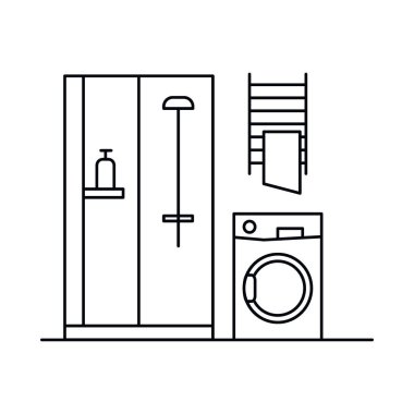 Çamaşır makinesiyle, küvetle, duşla, havluyla. Çamaşır makinesi, küvet, duş, beyaz arka planda izole edilmiş ana hatlı havlu. Web, oyun ve reklam elementleri