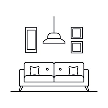 Kanepe, koltuk, yastık, lamba, resim. Kanepe, koltuk, yastık, lamba, resim, beyaz arka planda izole edilmiş. Web, oyun ve reklam elementleri