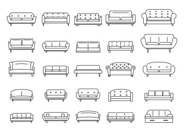 Koltuk ana hatları simgeleri ayarlandı. Vector Sofa özet koleksiyonu web ve reklam için beyaz arkaplanda izole edildi