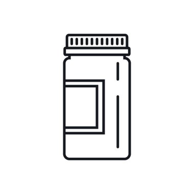 İlaç ana hatları ikonu şişesi. Beyaz arka planda izole edilmiş ana hatlı ilaç şişesi. İnternet, oyun ve ilaç reklamı elementi