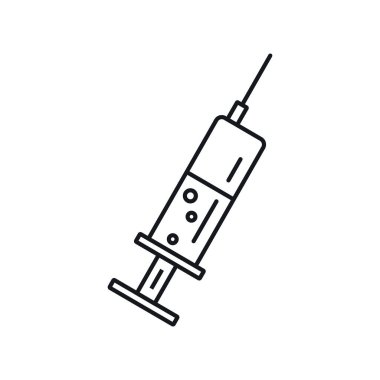 Şırınga taslak simgesi. Beyaz arkaplanda izole edilmiş ana hatlı Şırınga. İnternet, oyun ve ilaç reklamı elementi