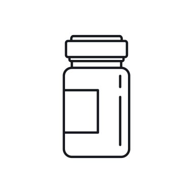 İlaç ana hatları ikonu şişesi. Beyaz arka planda izole edilmiş ana hatlı ilaç şişesi. İnternet, oyun ve ilaç reklamı elementi