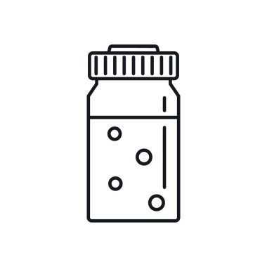 İlaç ana hatları ikonu şişesi. Beyaz arka planda izole edilmiş ana hatlı ilaç şişesi. İnternet, oyun ve ilaç reklamı elementi