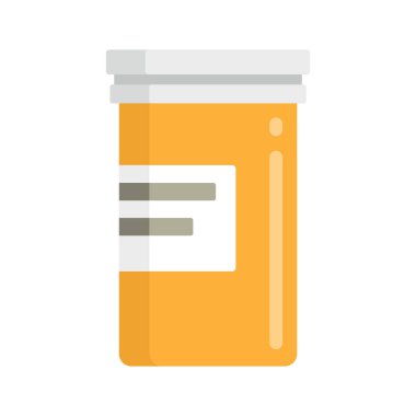 Sarı ilaç şişesi düz ikon. Beyaz arka planda izole edilmiş, düz tarzda bir ilaç şişesi. İnternet, oyun ve ilaç reklamı elementi