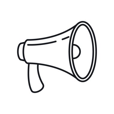 Hoparlör megafon ana hatları simgesi. Hoparlör hoparlörü beyaz arkaplanda izole edilmiş ana hat tarzında. Web, oyun ve reklam elementleri