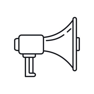 ses megafonu ana hatları simgesi. Beyaz arkaplanda izole edilmiş ana hatlı ses megafonu. Web, oyun ve reklam elementleri