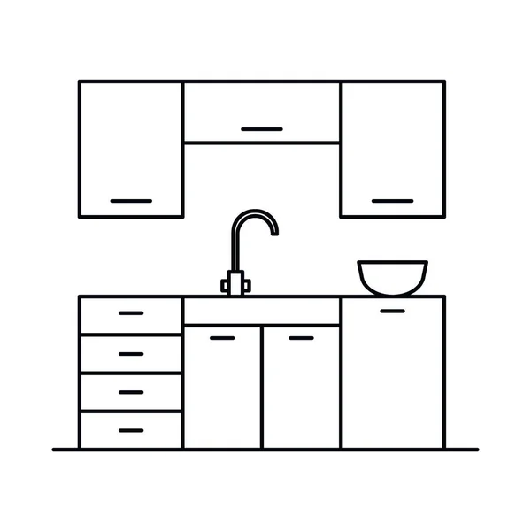 Interior Dengan Dapur Keran Baskom Cuci Piring Kabinet Rak Vektor - Stok Vektor