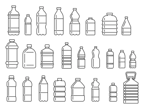 Su taslak simgeleri için plastik şişeler ayarlandı. Su hatları koleksiyonu için vektör plastik şişeleri ağ ve reklamcılık için beyaz arka planda izole