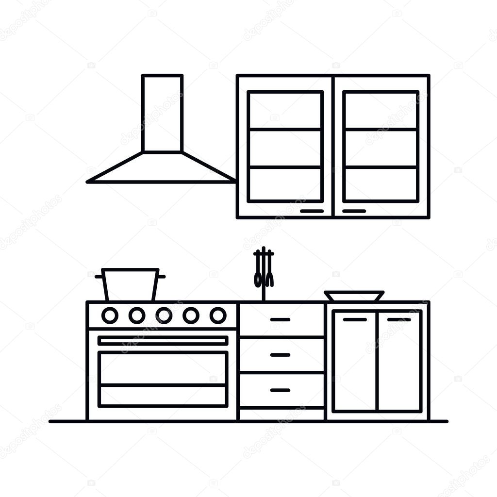 Interior with kitchen, range hood, stove, cupboard, bedside. Vector Interior with kitchen, range hood, stove, cupboard, bedside in outline style isolated on white background. Element for web