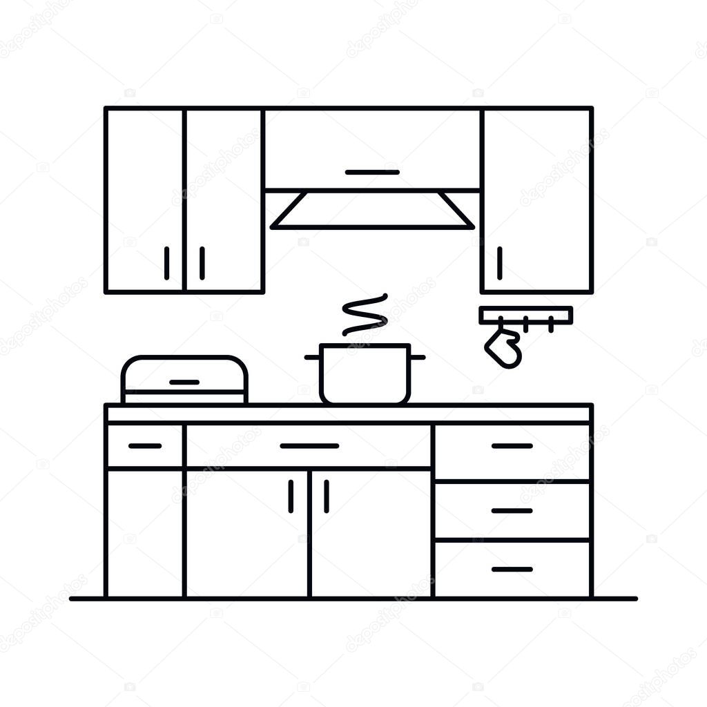 Interior with kitchen, cabinet, dishes, tools. Vector Interior with kitchen, cabinet, dishes, tools in outline style isolated on white background. Element for web, game and advertising