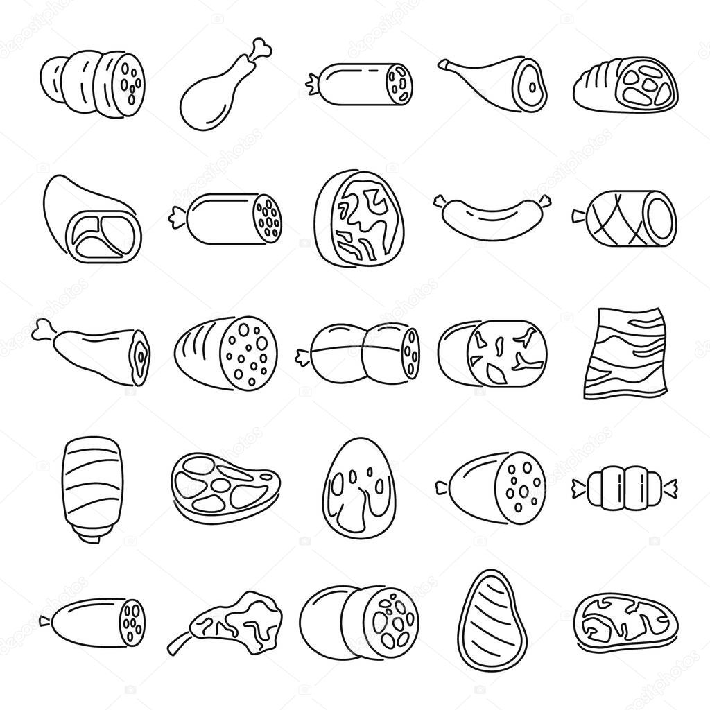 Meat products outline icons set. Vector Meat products outline collection isolated on white background with sausage, meat and steak for web and advertising