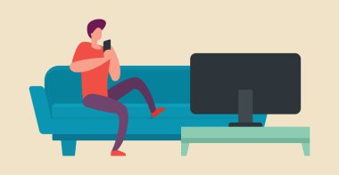 Adam kanepede oturur ve televizyon izler. Evde kal. Karantina ve kendini izole etme ile ilgili Vetor kavramı.