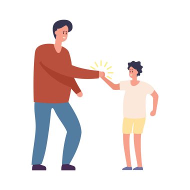 Mutlu adam ve çocuk beşlik çakıyor. Neşeli insanlar gayri resmi selamlaşmalar, anlaşmalı karakterlerde sevinç ifadeleri. Çak bir beşlik, beyaz bir adam ve çocuklar.