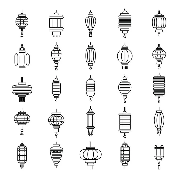 Chinese Lanterns Outline Set Chinatown Japanese Street Holiday Linear Collection — Stock Vector