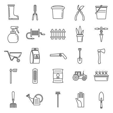 Bahçıvanlık ve ana hatları belirleme ikonları. Bahçe işleri ve çiçek yetiştirme vektörü doğrusal illüstrasyonlu saksı aracı