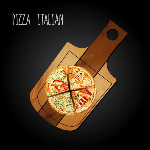 Pizza sobre el tablero sobre fondo negro — Vector de stock