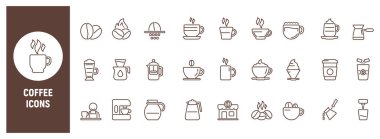 Kahve kültürüne adanmış taslak vektör simgesi seti. İçecekler, kahve bardakları, kahve makineleri, kafeterya ekipmanları ve beyaz üzerine izole edilmiş temiz çizgi tarzı sıcak içecekler.