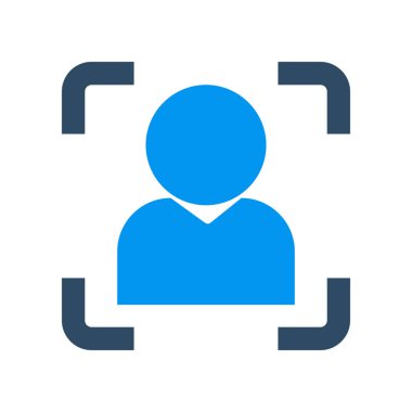 Tarama çerçevesi içindeki bir kullanıcı silueti tanıma ve kimlik tespitini temsil eder. Bu grafik erişim kontrolü, yüz analizi, biyometrik yazılım ve yapay zeka güvenlik uygulamalarına uyuyor.