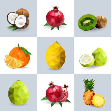 Poligonal meyve - Hindistan cevizi, nar, kivi, portakal, limon, greyfurt, ananas kümesi