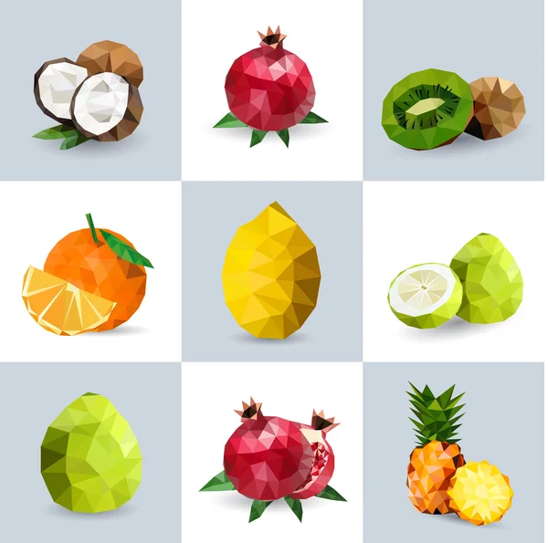 Aantal veelhoekige fruit - kokos, granaatappel, kiwi, sinaasappel, citroen, grapefruit, ananas — Stockvector