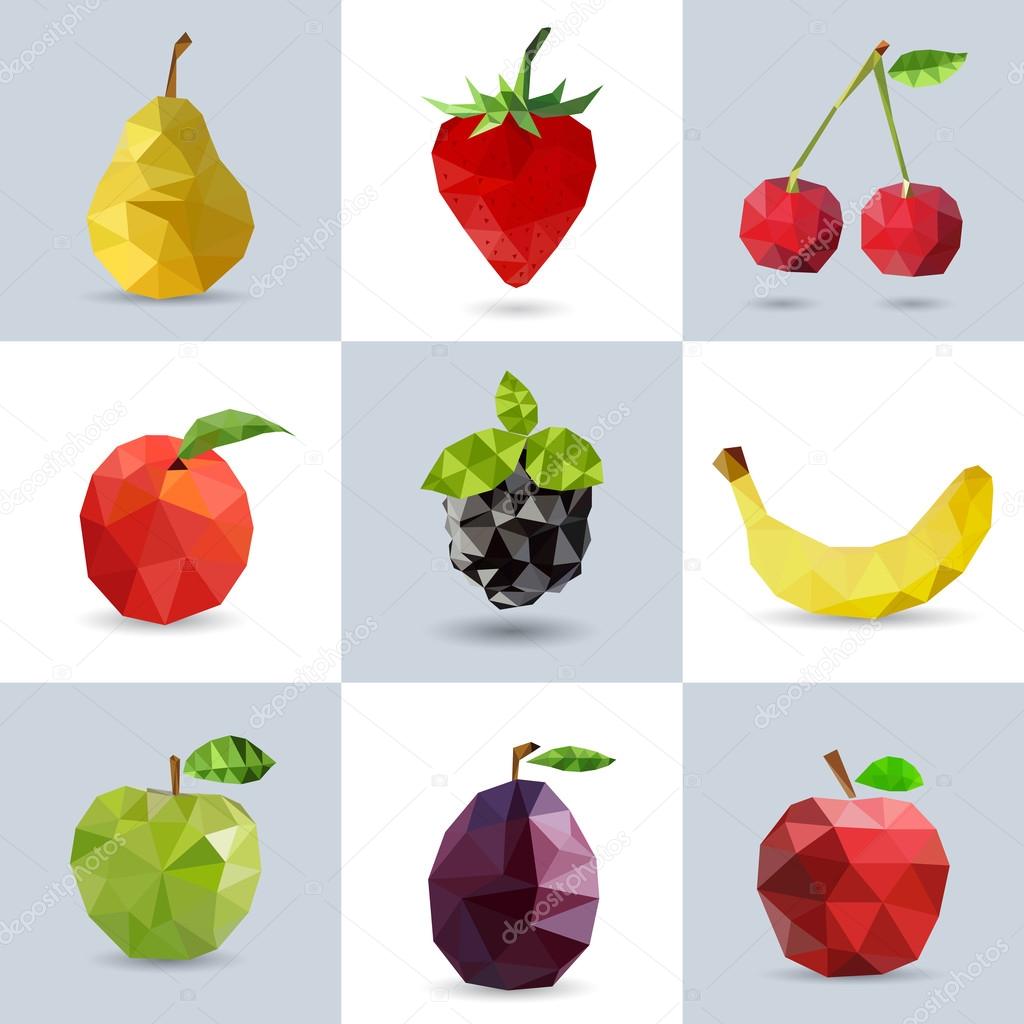 Set of polygonal fruit - pear, strawberry, cherry, peach, blackberry, banana, apple, plum