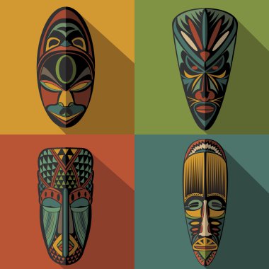 Renkli arka plan üzerinde Afrika etnik kabile maskeleri kümesi