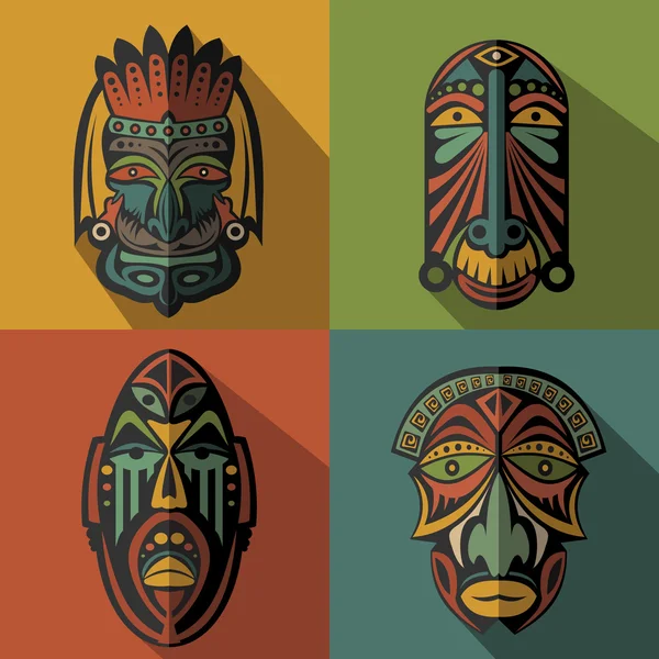 Conjunto de máscaras étnicas tribales africanas sobre fondo de color — Vector de stock