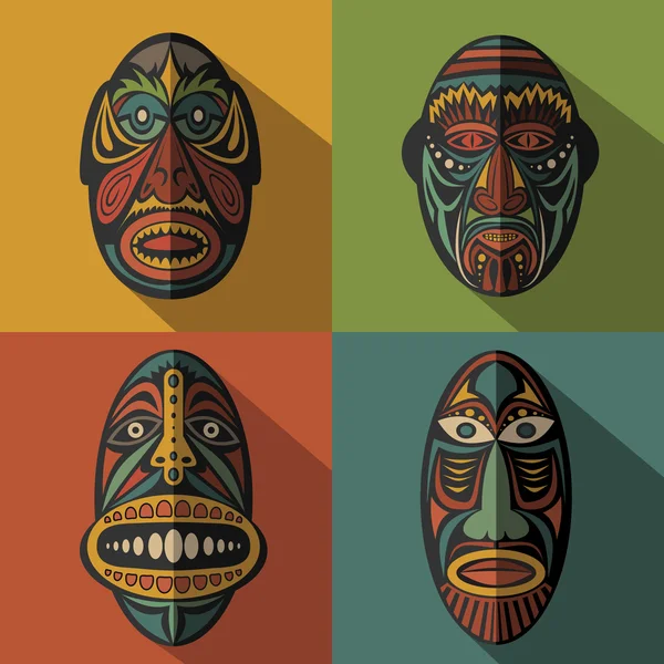 Set of African Ethnic Tribal masks on colour background — Stock Vector