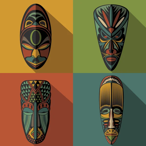 Conjunto de máscaras étnicas tribales africanas sobre fondo de color — Vector de stock