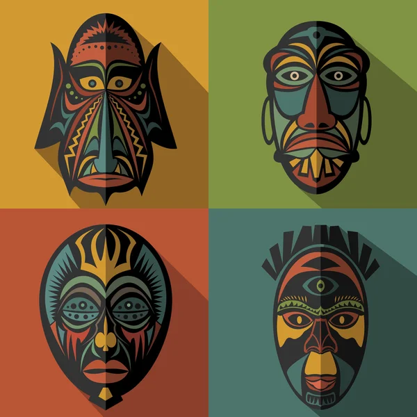 Set of African Ethnic Tribal masks on colour background — Stock Vector