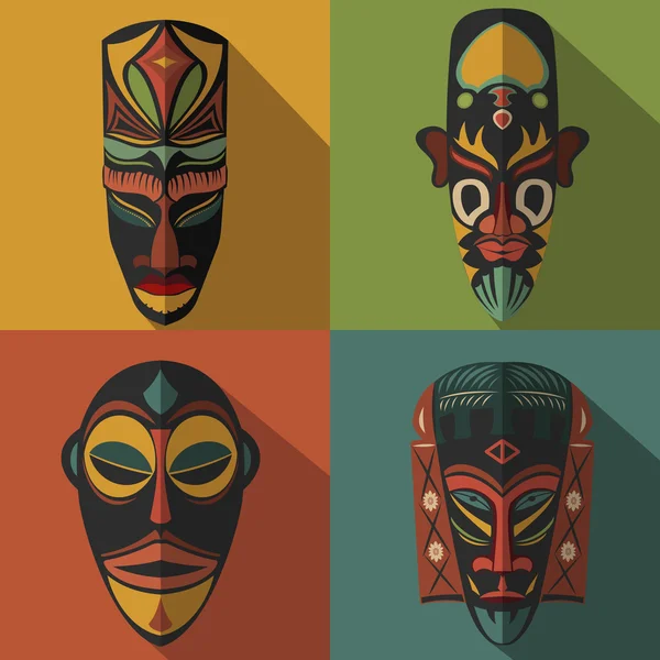Set of African Ethnic Tribal masks on colour background — Stock Vector
